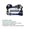 Police officer cut metal sign showcasing a badge, patrol car, handcuffs, vest, and bold blue accent details