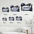 Police officer metal sign shown in multiple size options on a wall, with badge, patrol car, handcuffs, and vest artwork