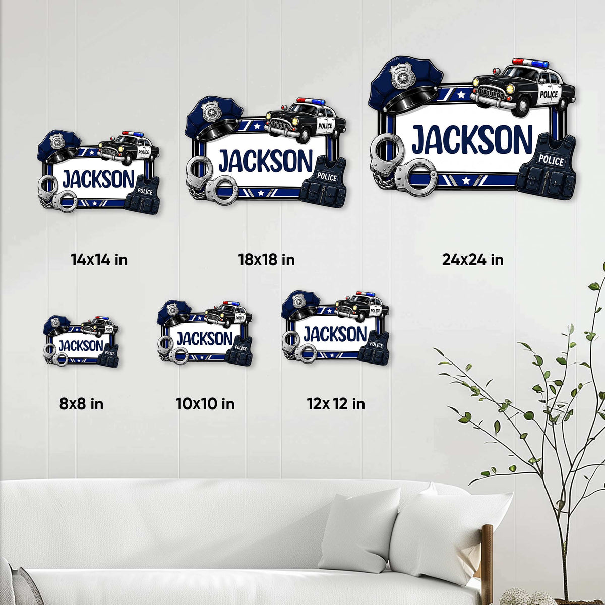 Police officer metal sign shown in multiple size options on a wall, with badge, patrol car, handcuffs, and vest artwork