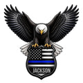 Custom police metal sign featuring a bald eagle with spread wings and a thin blue line shield emblem