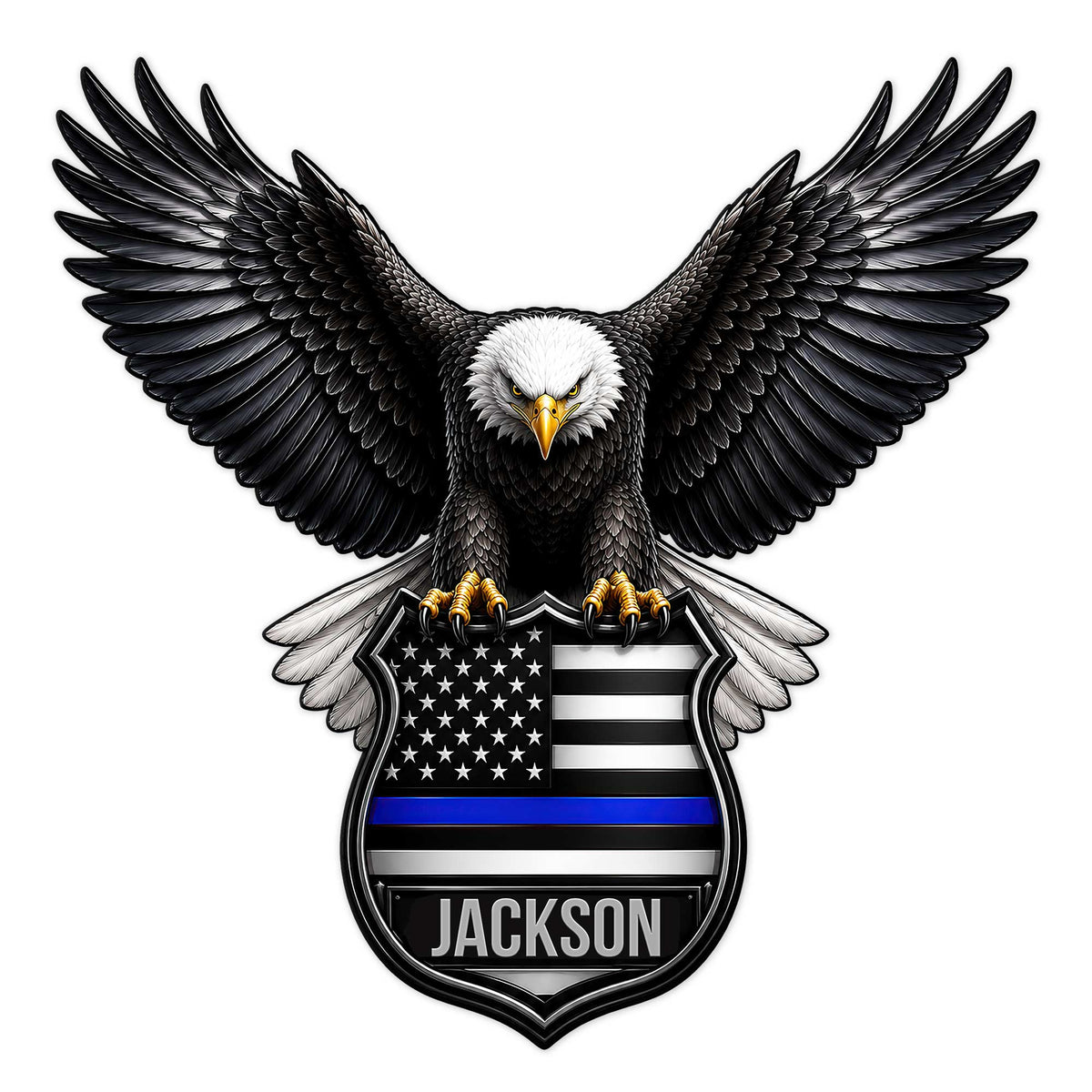 Custom police metal sign featuring a bald eagle with spread wings and a thin blue line shield emblem