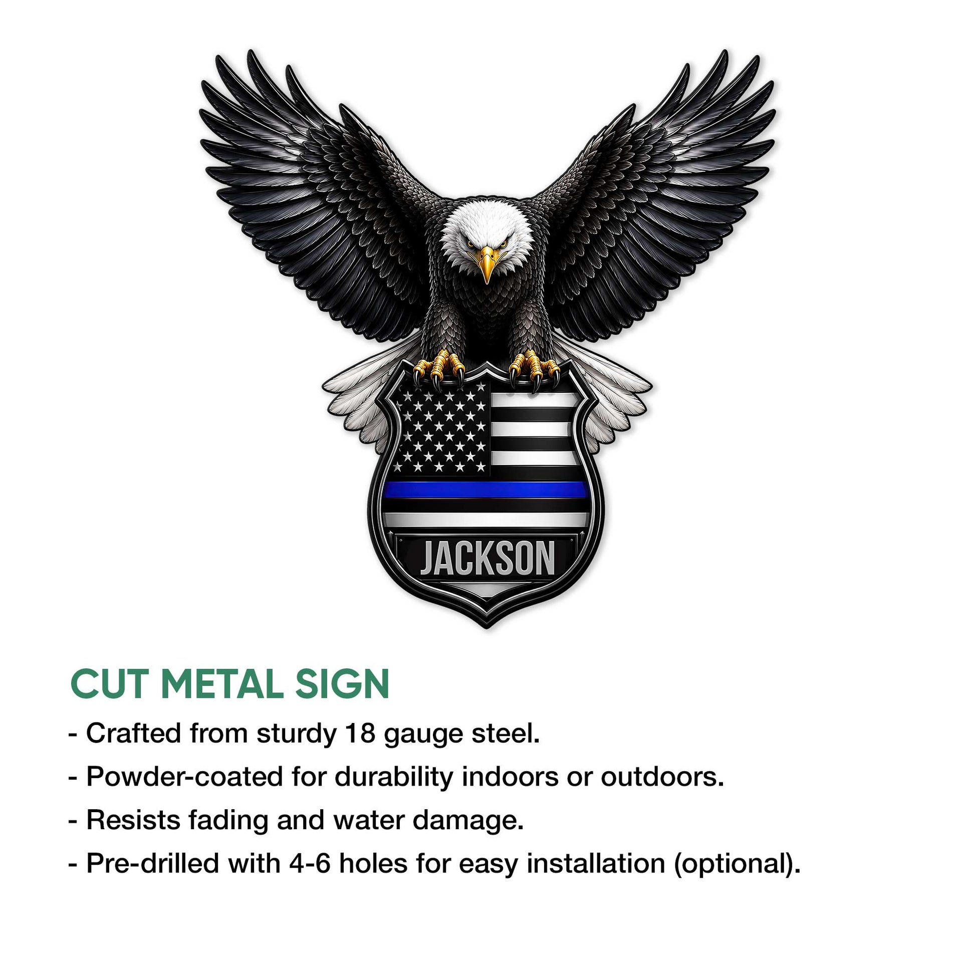 Bald eagle police metal sign with a thin blue line American flag shield design