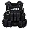 Custom police tactical vest metal sign featuring handcuffs, radio, utility pouches, and bold law enforcement styling