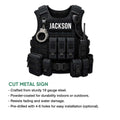 Police tactical vest metal sign shown with a product feature infographic and cut-metal design presentation