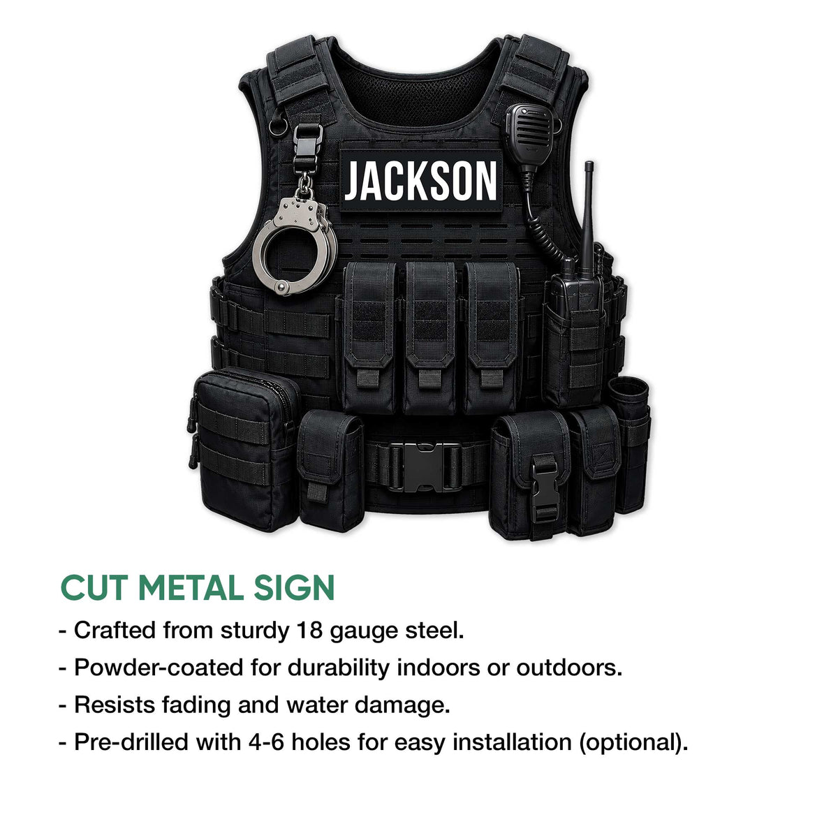 Police tactical vest metal sign shown with a product feature infographic and cut-metal design presentation