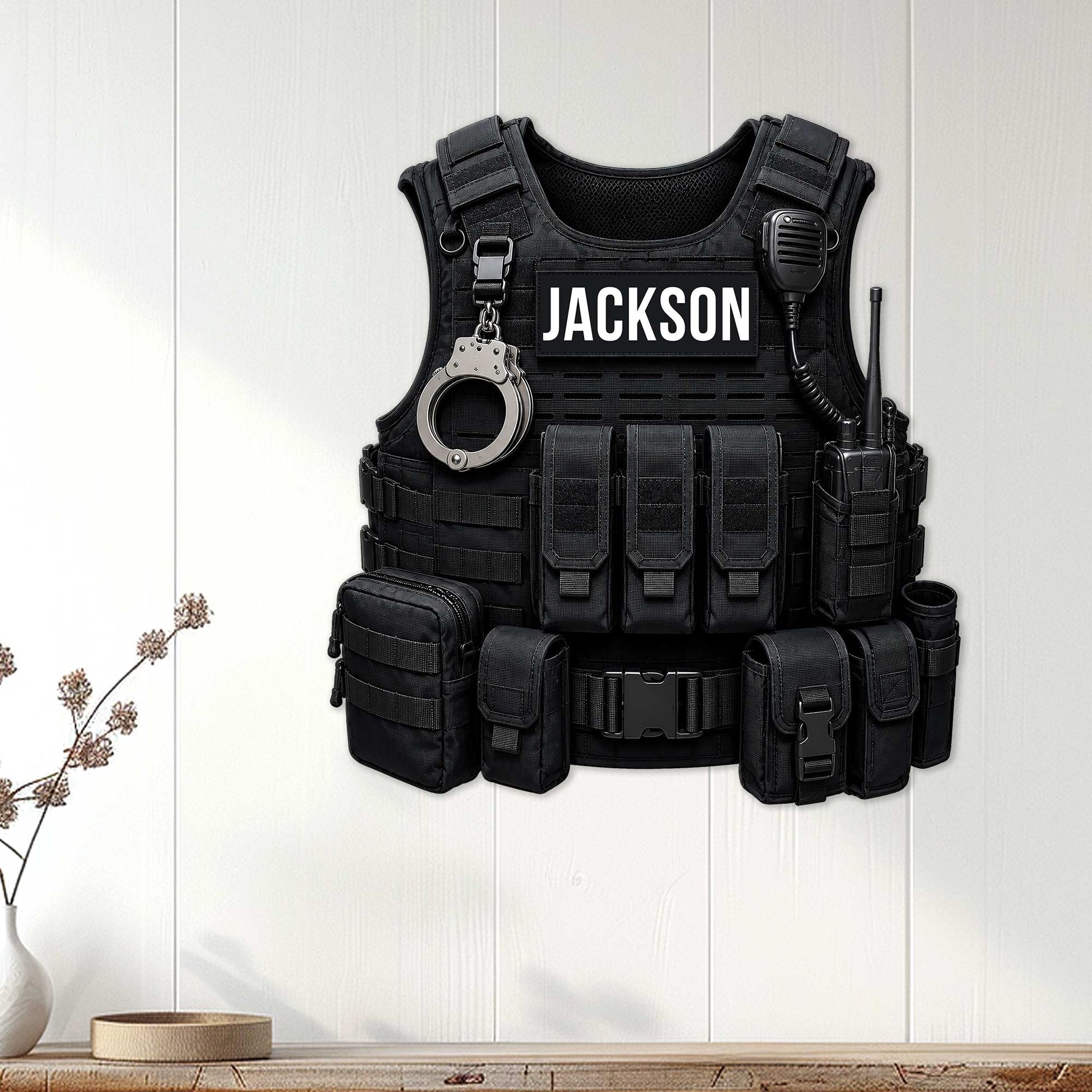Police vest wall sign displayed on a light wood-paneled wall as law enforcement home decor