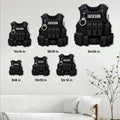 Police tactical vest metal sign size guide showing multiple square size options in a room setting