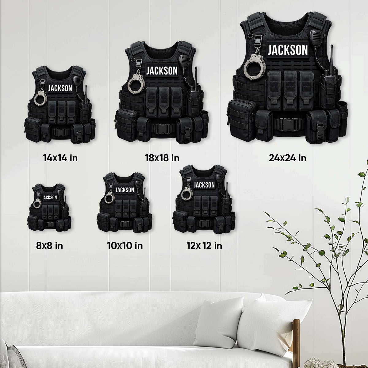Police tactical vest metal sign size guide showing multiple square size options in a room setting