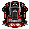 Custom trucker metal sign featuring a bold front-facing semi truck with stars and a decorative banner