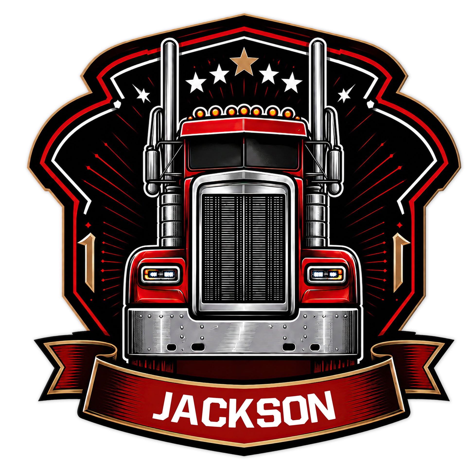 Custom trucker metal sign featuring a bold front-facing semi truck with stars and a decorative banner