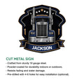Front-facing semi truck metal sign shown with a cut-metal construction feature graphic