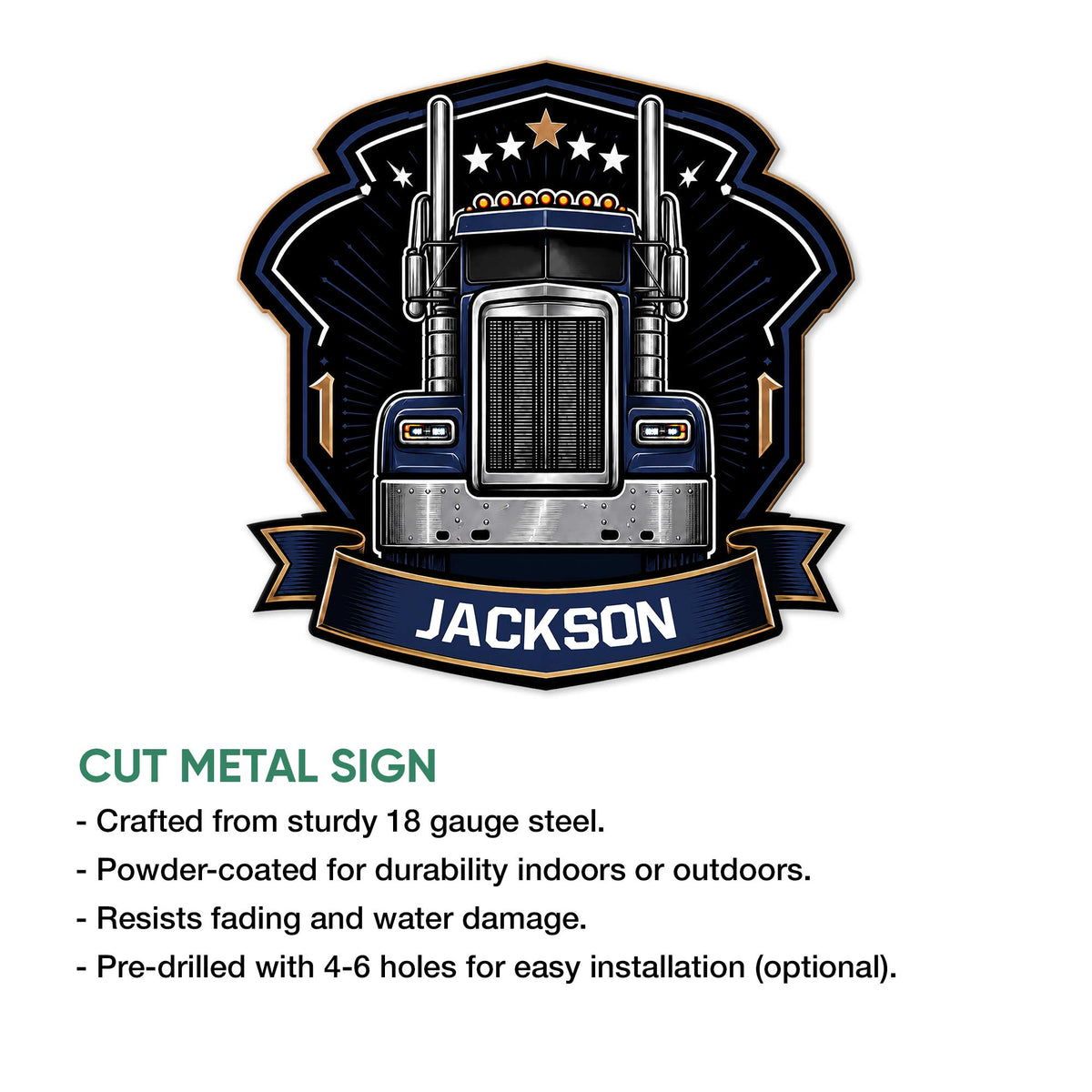 Front-facing semi truck metal sign shown with a cut-metal construction feature graphic