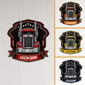 Trucker wall sign displayed in red, orange, yellow, and navy color variations on a paneled wall