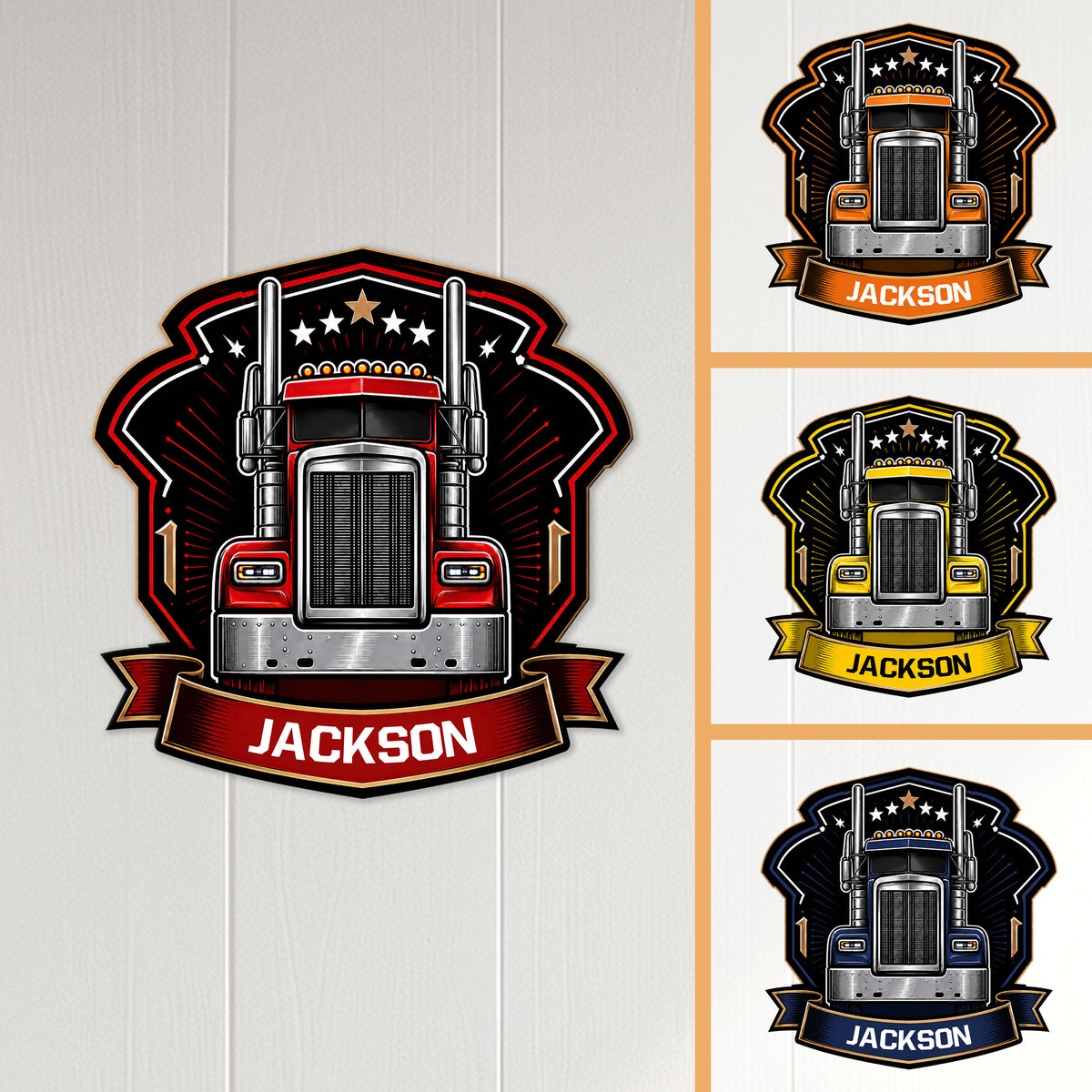 Trucker wall sign displayed in red, orange, yellow, and navy color variations on a paneled wall