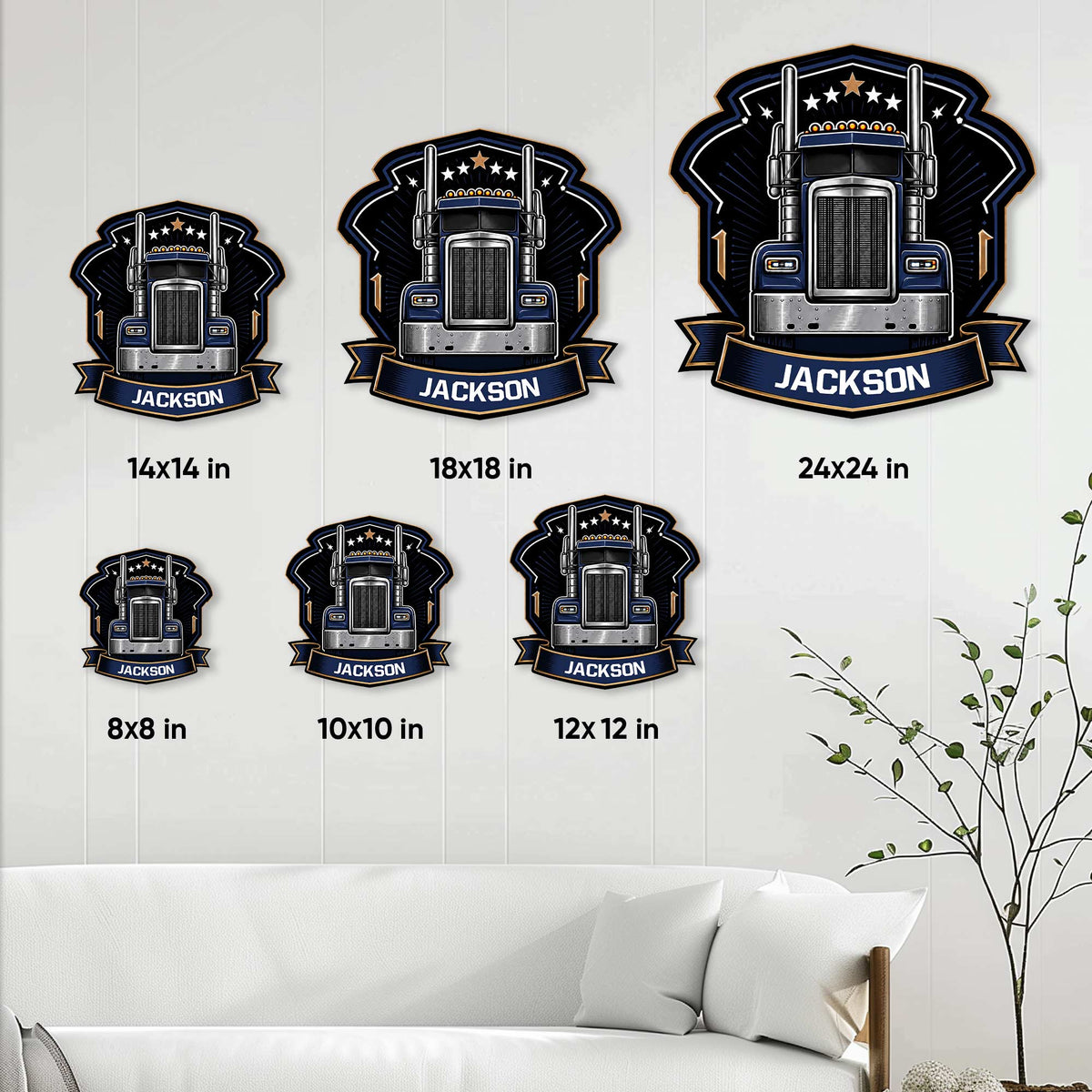 Semi truck metal sign size guide showing 8, 10, 12, 14, 18, and 24 inch options