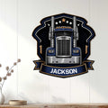 Navy semi truck wall sign displayed above a console in a bright home interior