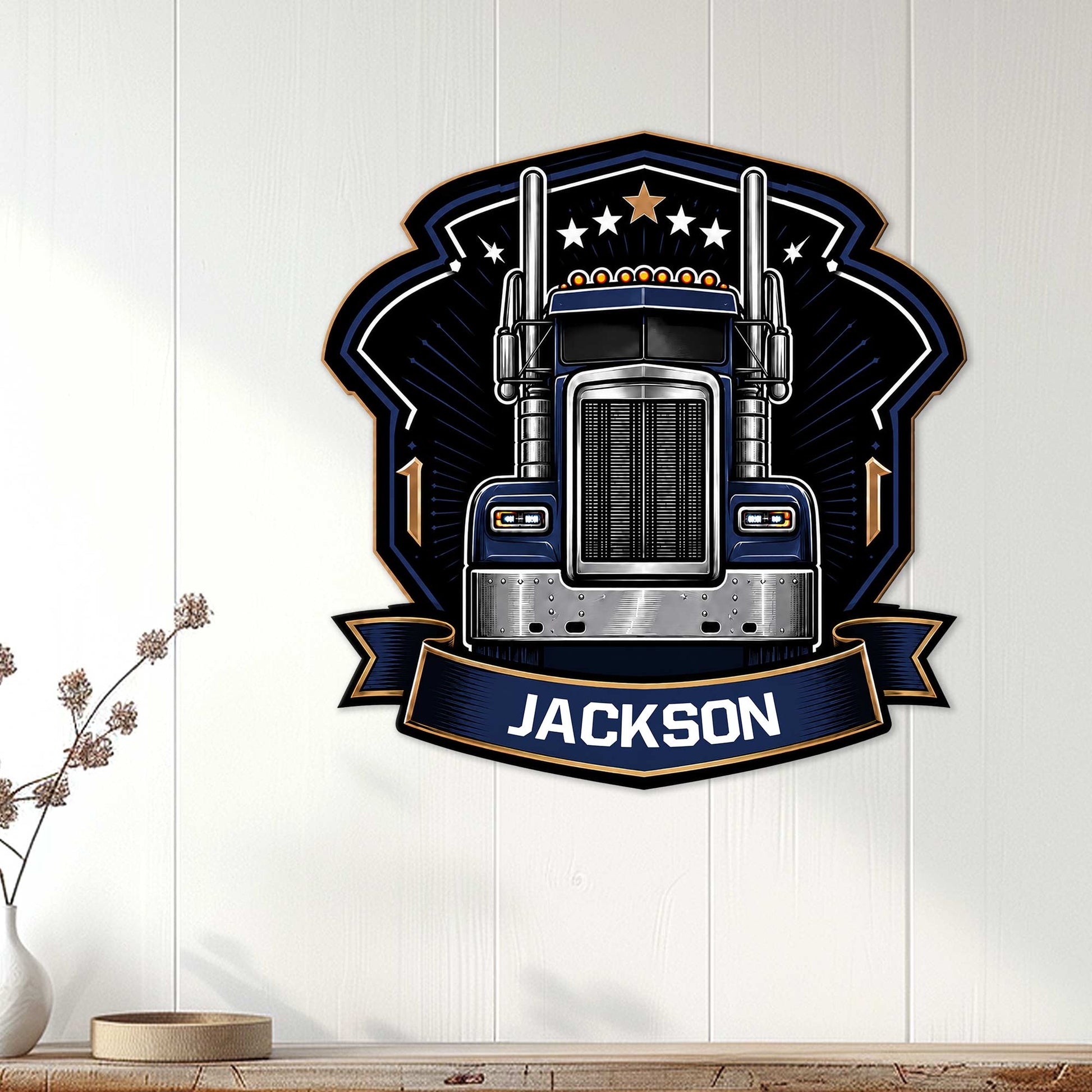 Navy semi truck wall sign displayed above a console in a bright home interior