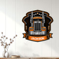 Orange semi truck metal sign styled as bold garage-inspired wall decor