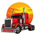 Custom trucker metal sign featuring a bright red semi truck against a dramatic orange sunset