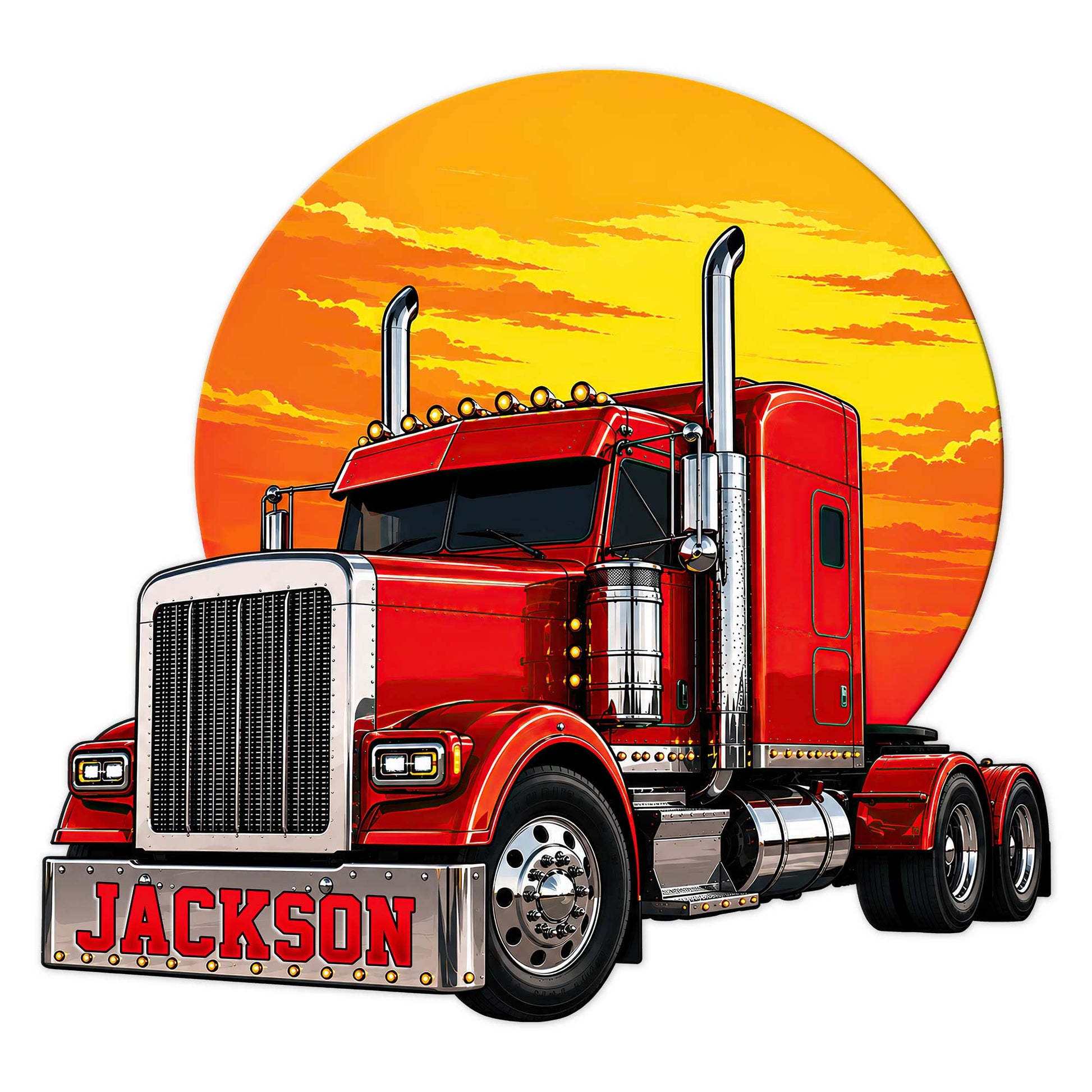 Custom trucker metal sign featuring a bright red semi truck against a dramatic orange sunset