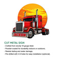 Red semi truck metal sign shown with a bold sunset backdrop and cut metal sign details