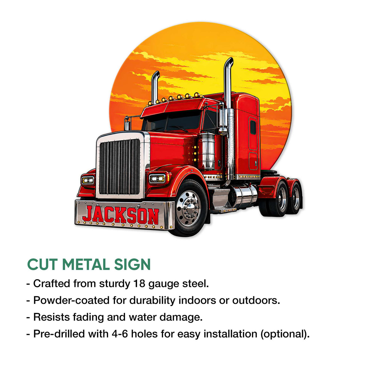 Red semi truck metal sign shown with a bold sunset backdrop and cut metal sign details