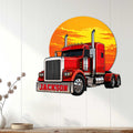 Red big rig truck wall sign displayed on white paneling as distinctive trucker decor