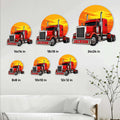 Trucker metal sign size guide showing red semi truck designs in six square size options