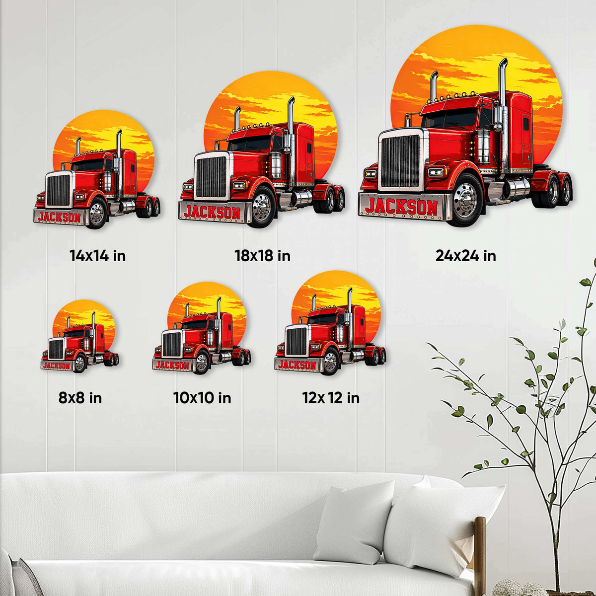 Trucker metal sign size guide showing red semi truck designs in six square size options
