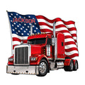 Custom trucker metal sign featuring a bright red semi truck with a waving American flag backdrop