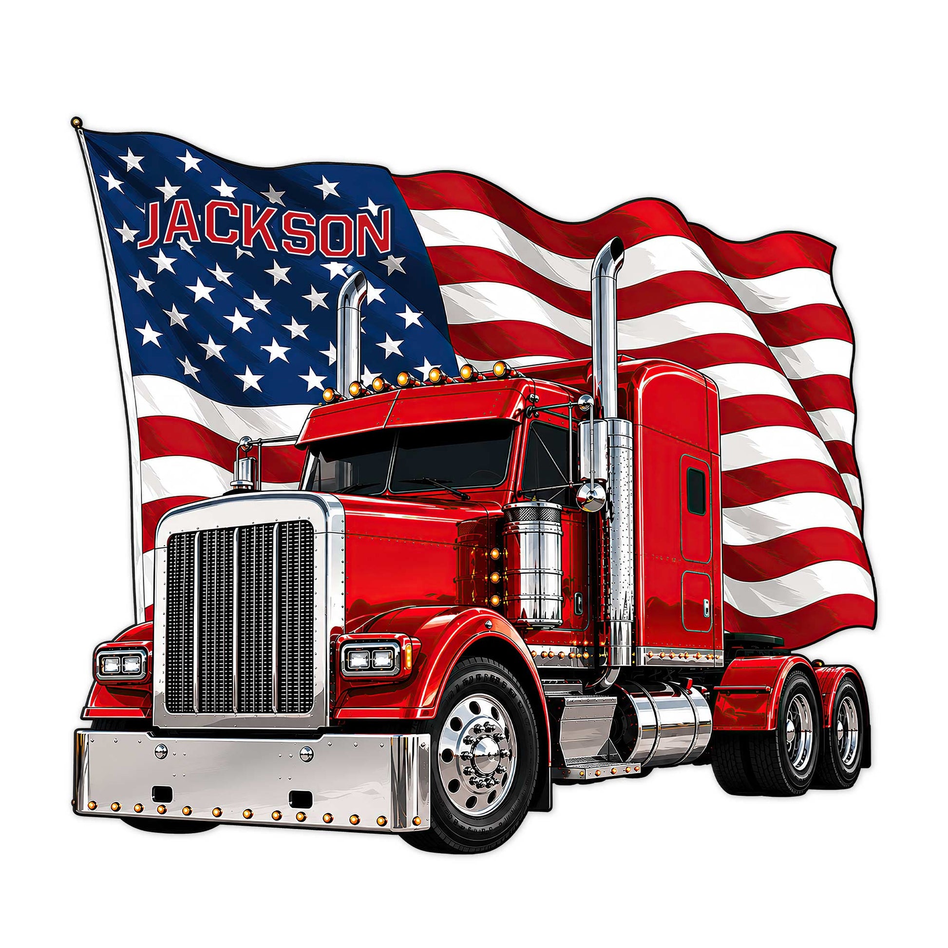 Custom trucker metal sign featuring a bright red semi truck with a waving American flag backdrop