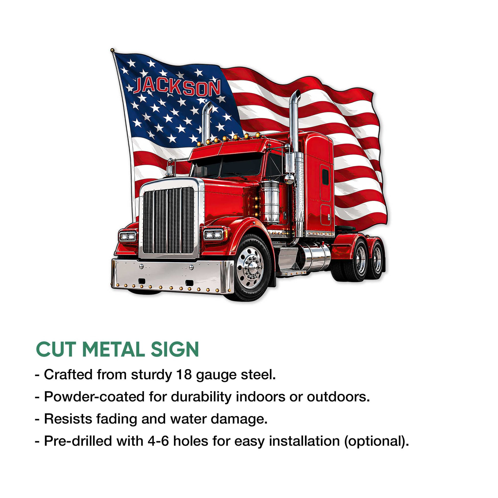 Red semi truck and American flag metal sign shown in a cut-metal product feature graphic