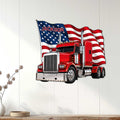 Patriotic red semi truck metal sign displayed as trucker wall decor on a light wood wall