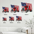 Trucker metal sign size guide showing patriotic semi truck designs in six square dimensions