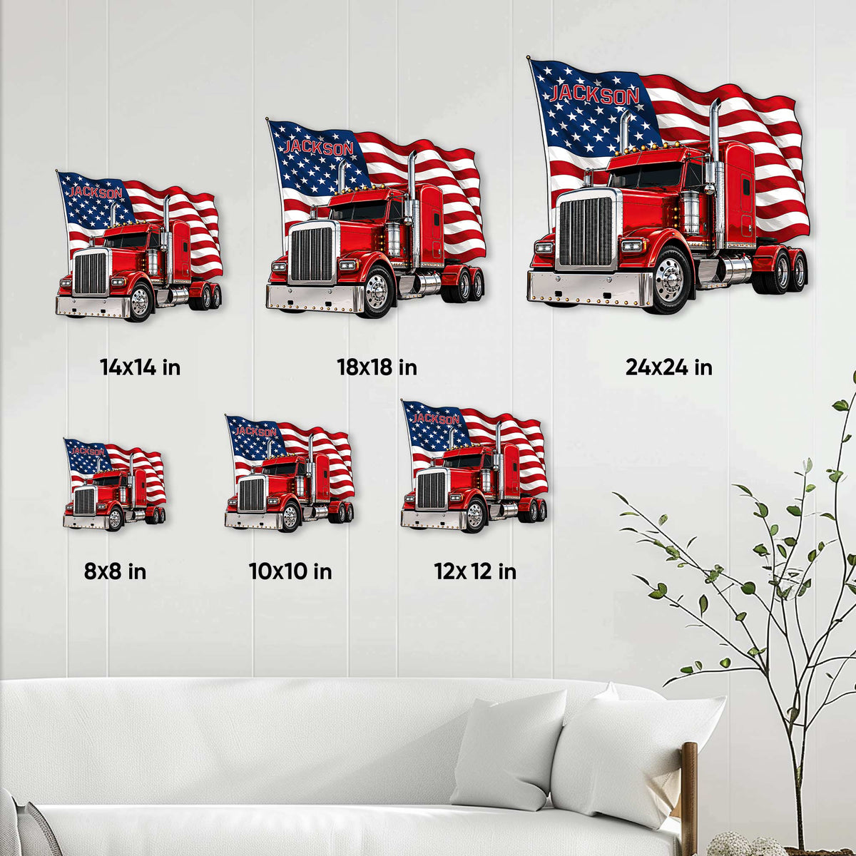 Trucker metal sign size guide showing patriotic semi truck designs in six square dimensions