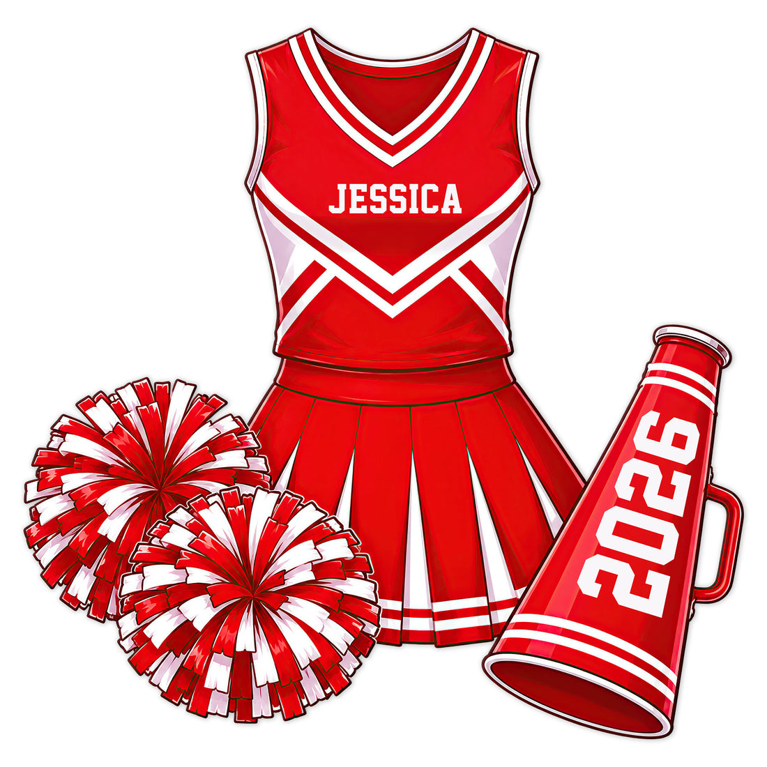 Red cheerleading uniform metal sign with pom poms and megaphone artwork