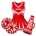 Red cheerleading uniform metal sign with pom poms and megaphone artwork