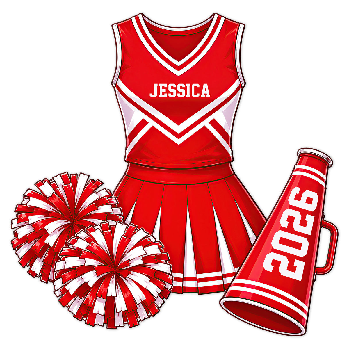 Red cheerleading uniform metal sign with pom poms and megaphone artwork