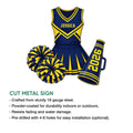 Cheerleading cut metal sign shown with a uniform, pom poms, and megaphone design