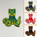 Green cheerleader metal sign displayed with alternate red, navy, and black color options