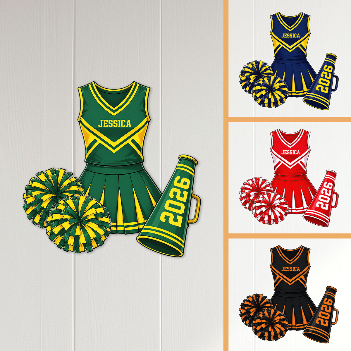 Green cheerleader metal sign displayed with alternate red, navy, and black color options