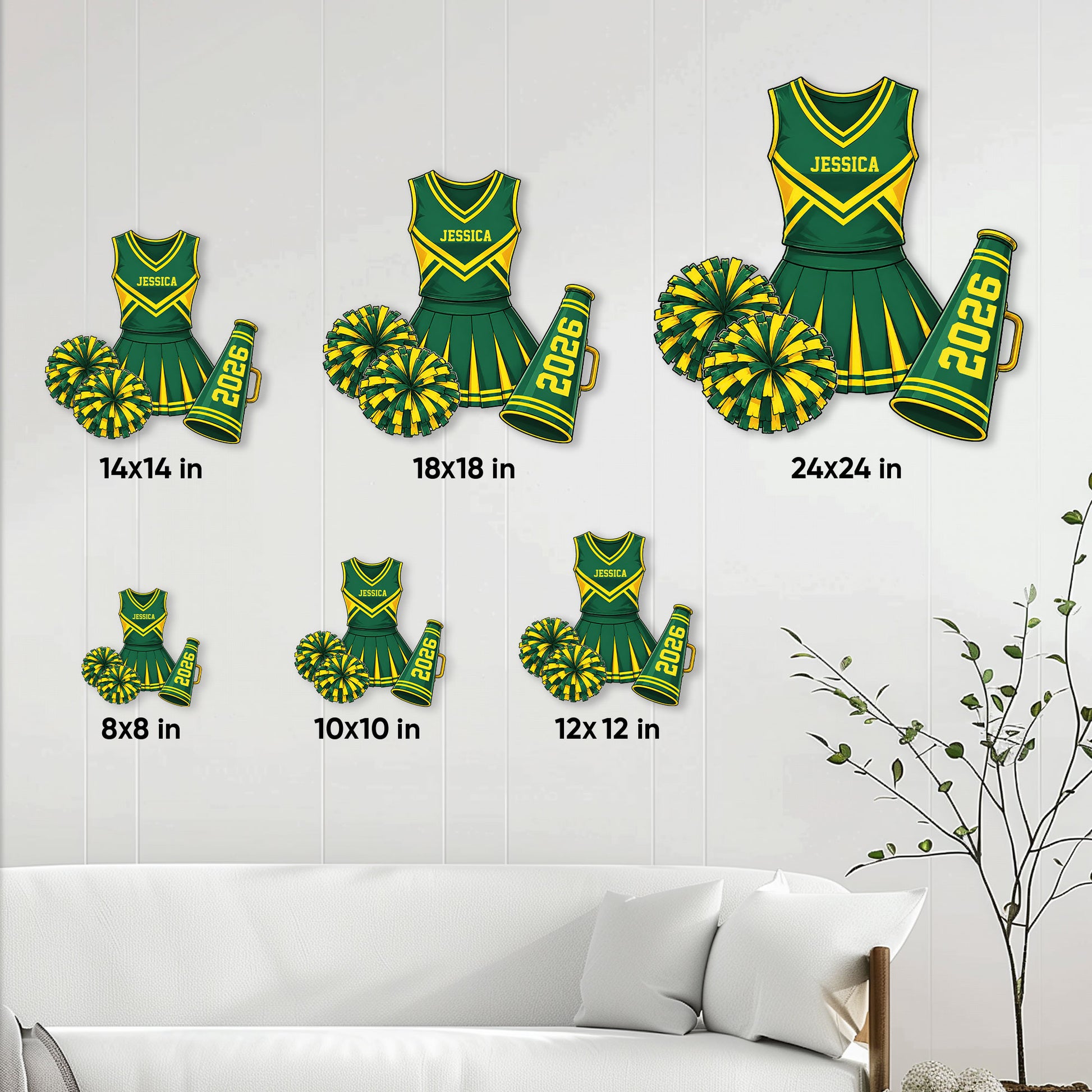 Cheerleading metal sign shown in multiple sizes on a living room wall