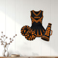 Black and orange cheerleading uniform metal sign styled as wall decor