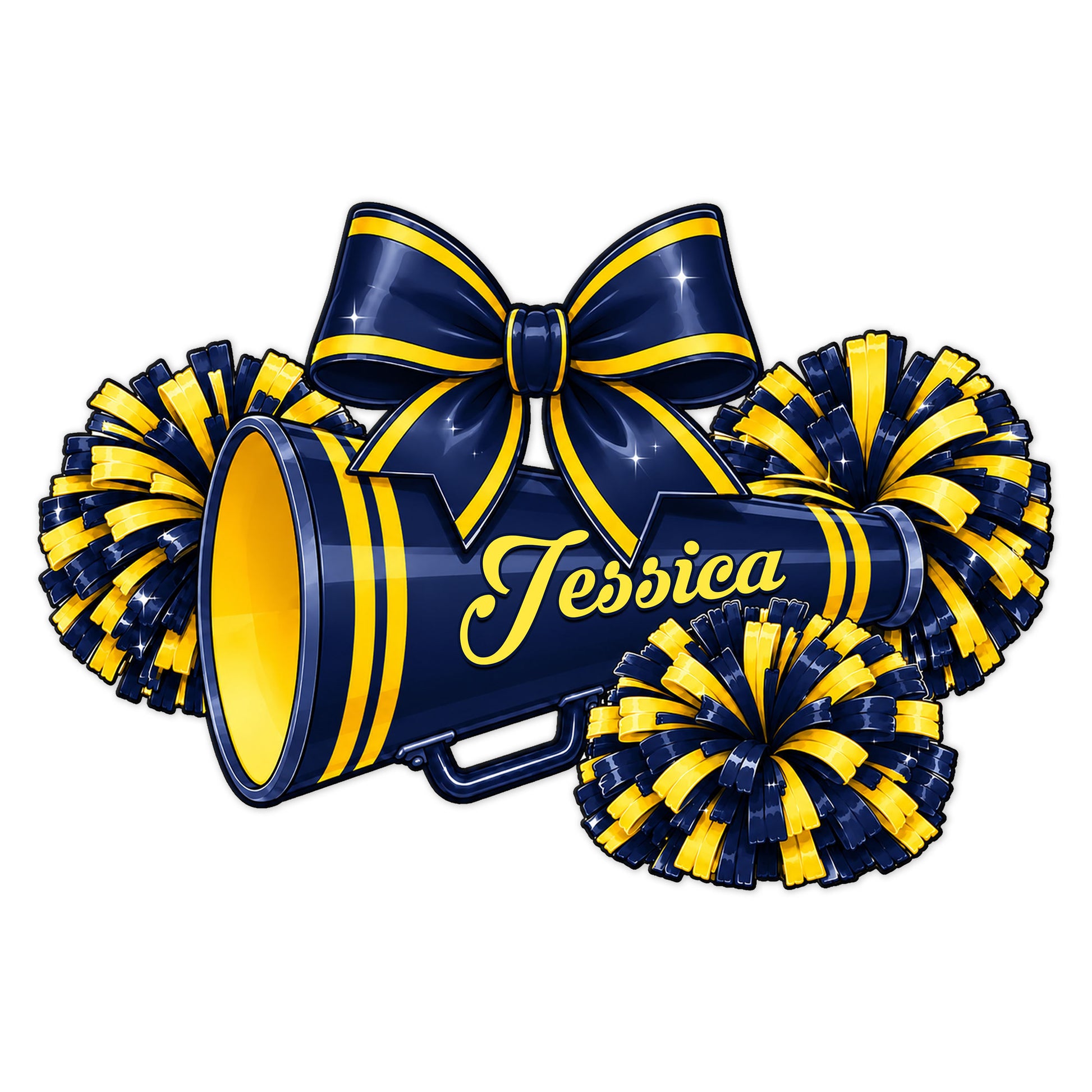 Cheerleading metal sign featuring a decorated megaphone, bow, and matching navy and gold pom poms