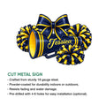 Cheerleading cut metal sign with a bow, pom poms, and megaphone design shown with product features