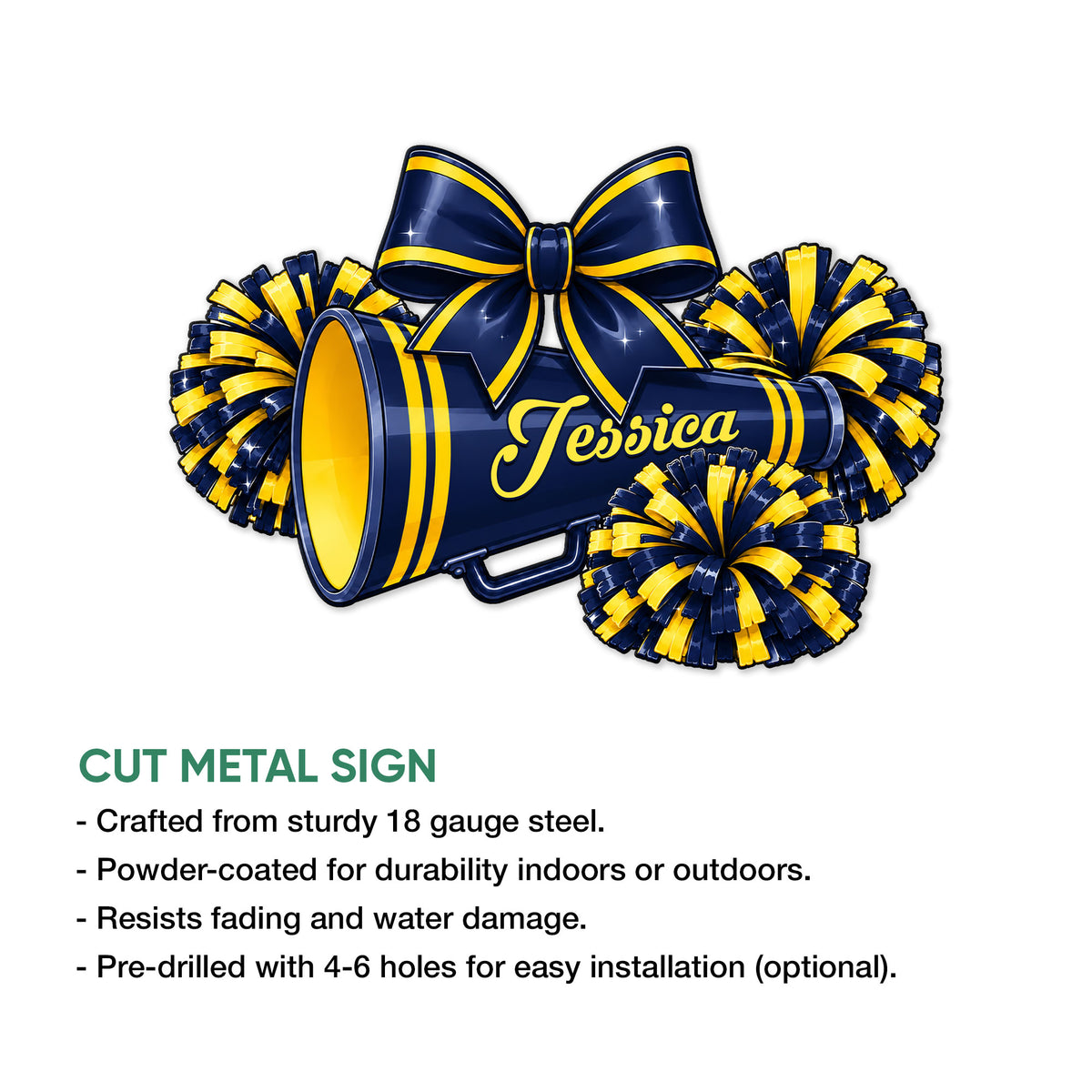 Cheerleading cut metal sign with a bow, pom poms, and megaphone design shown with product features