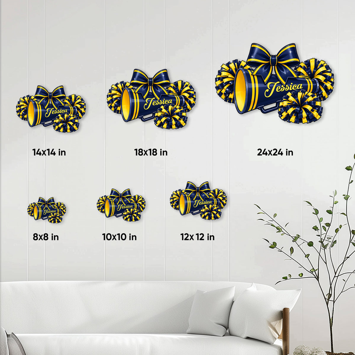 Cheerleading metal sign size guide showing options from 8 by 8 inches to 24 by 24 inches