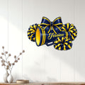 Navy and gold cheerleading metal sign with a megaphone, bow, and pom poms displayed on a wall