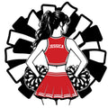 Custom cheerleader metal sign featuring a bow, pom poms, and a bold black-and-white cheerleading design