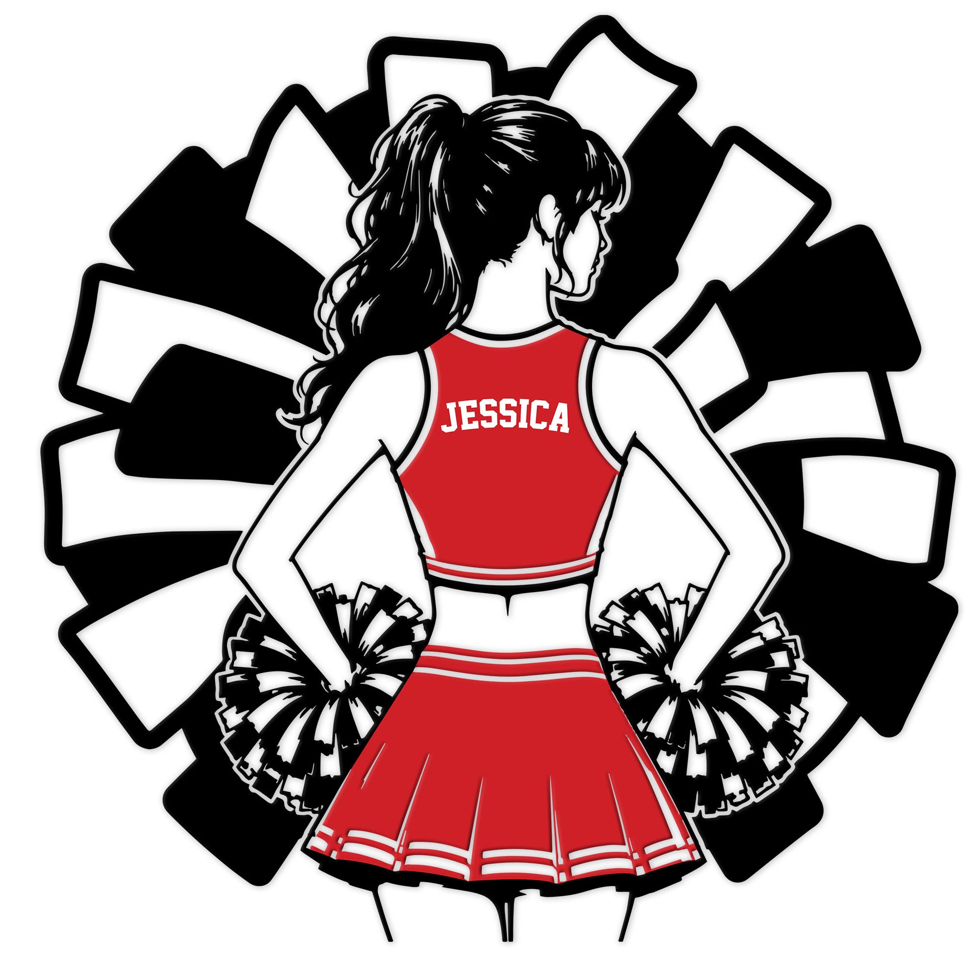 Custom cheerleader metal sign featuring a bow, pom poms, and a bold black-and-white cheerleading design